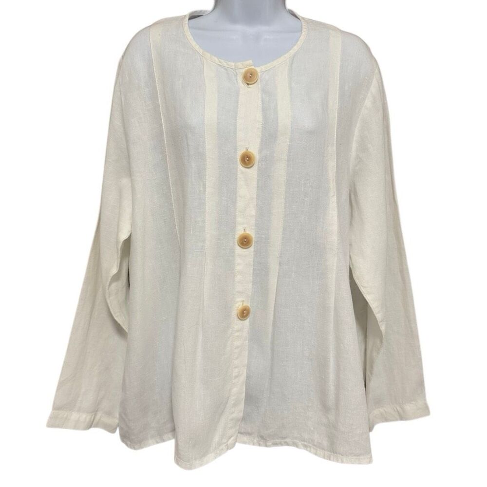 FLAX 100% Linen Jacket Medium Ivory Button Front Lightweight Minimalist Lagenloo